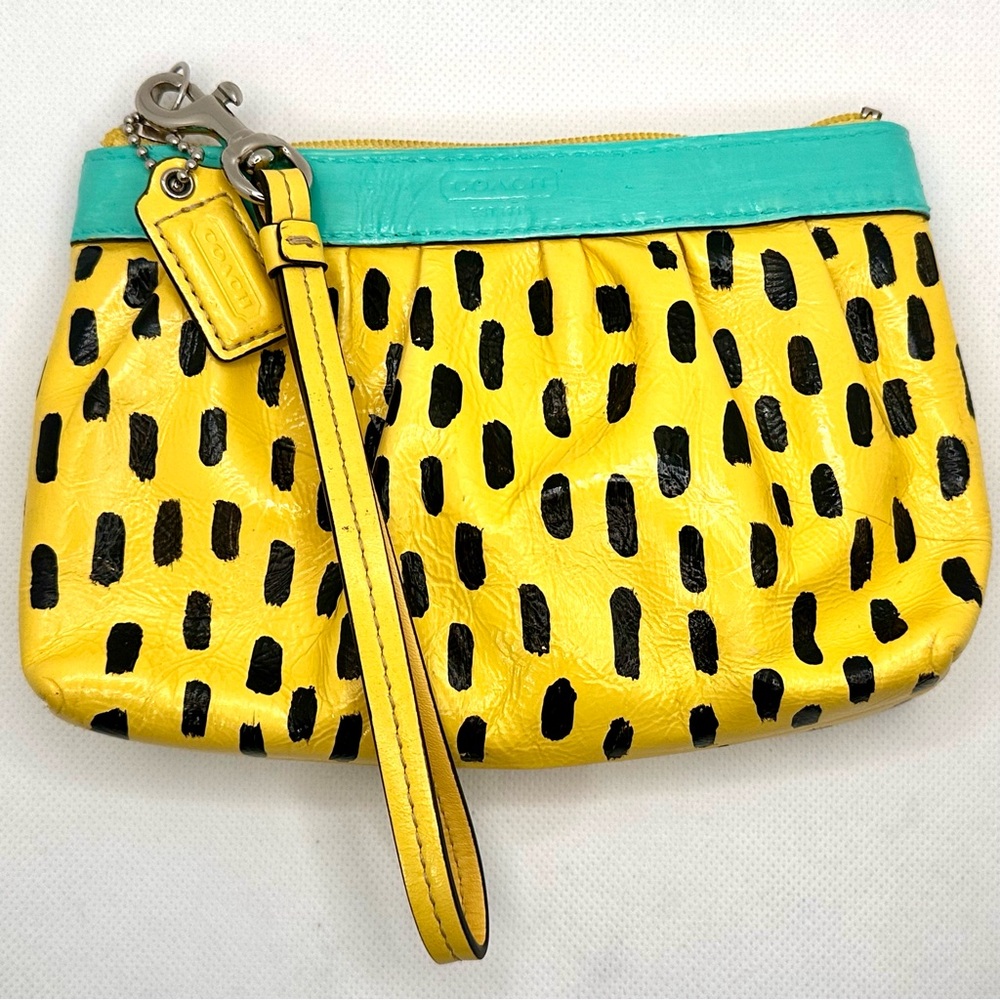 Hand-painted customized Yellow and Teal Women's Coach wristlet Bag